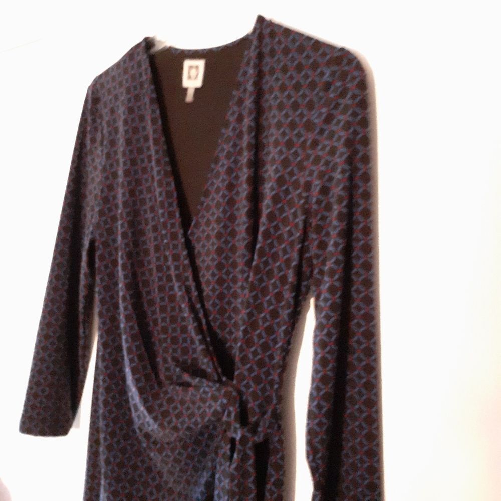 Anne Klein geometric black faux wrap dress career office Professional m medium 8